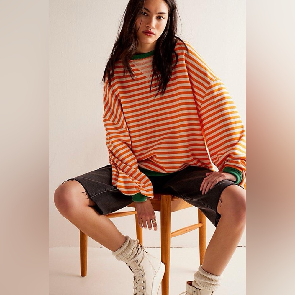 RARE!! Free People Classic Striped Oversized Crewneck💚🧡 - Picture 2 of 5
